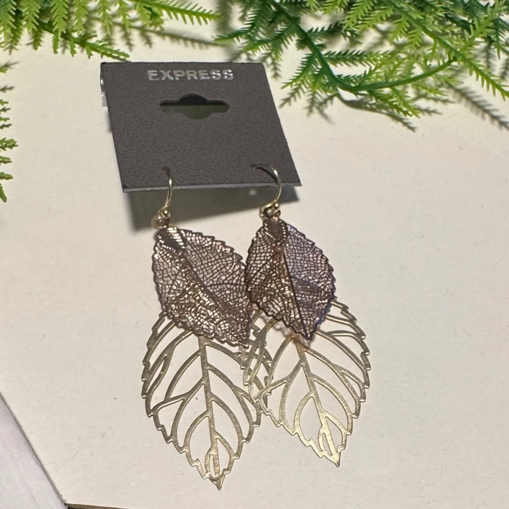 Express Rose Gold and Gold Layered Leaf Dangle Earrings (BR555( - Picture 2 of 7
